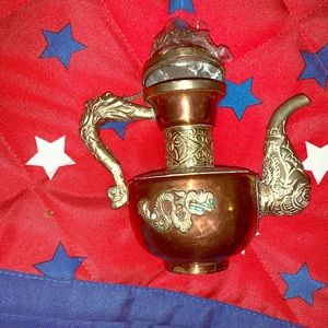 Vintage Asian Dragon Brass and silver tone teapot